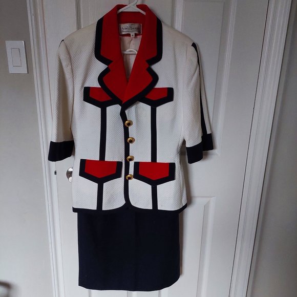 Audrey Laurent Vintage White/Red/Navy TRIM Skirt Blazer Suit, Size 10 - Picture 2 of 12
